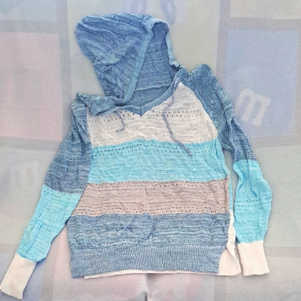 Women's Multicolor Blue Hooded Sweater